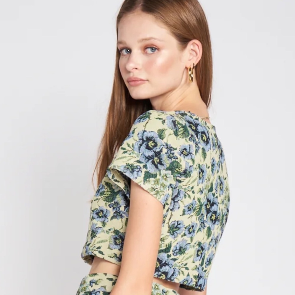 NEW En Saison Jacquard vintage fall floral green blue crop blouse - Picture 7 of 10